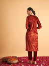 Women Rust Velvet Embroidered Straight Kurta