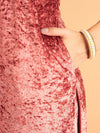 Women Pink Velvet Front Embroidered Straight Kurta