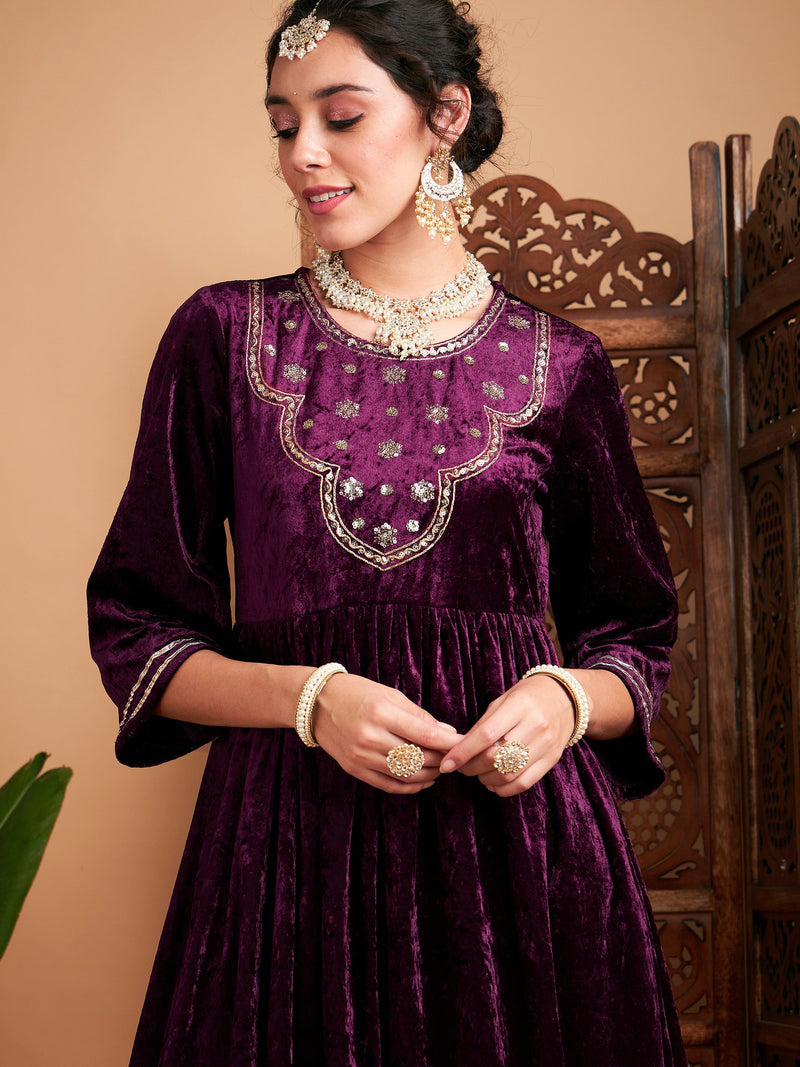 Women Purple Velvet Embroidered Gathered Kurta