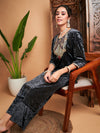 Women Grey Velvet Sequin Embroidered Straight Kurta