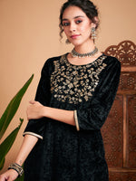 Women Black Velvet Sequin Embroidered Straight Kurta