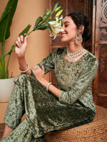 Women Olive Velvet Sequin Embroidered Straight Kurta