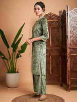 Women Olive Velvet Sequin Embroidered Straight Kurta
