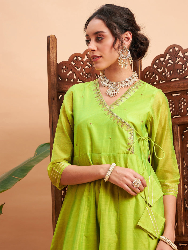 Women Lime Green Chanderi Embroidered Wrap Anarkali Kurta