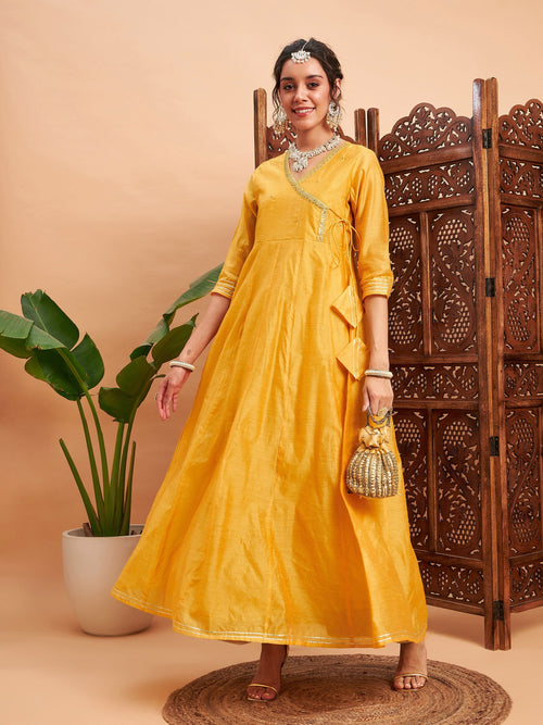 Women Yellow Chanderi Embroidered Wrap Anarkali Kurta
