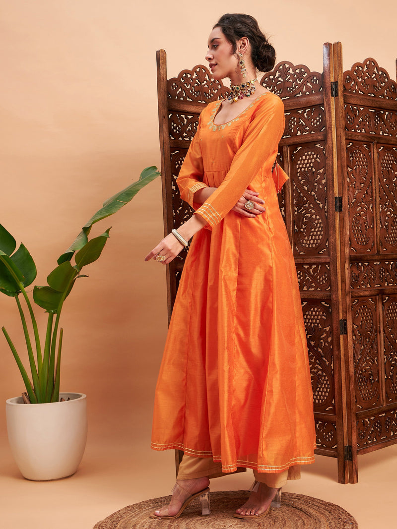 Women Orange Chanderi Embroidered Anarkali Maxi Kurta