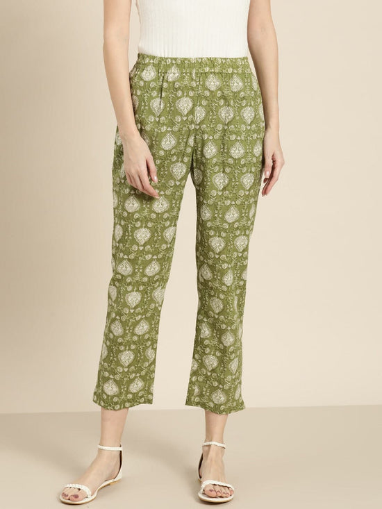 Green Floral Straight Pants