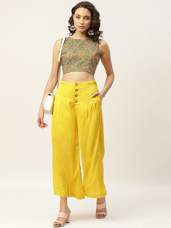 Yellow Front Button Pleated Culottes