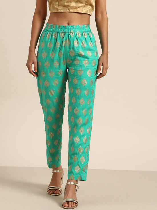 Green Floral Foil Pencil Pants