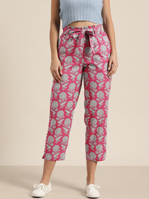 Pink Floral PaperBag Waist Pants