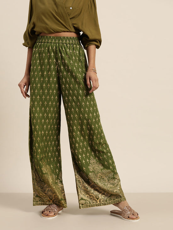 Green Foil Print Palazzo Pants