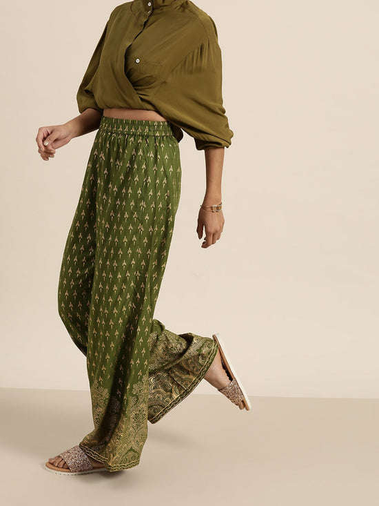 Green Foil Print Palazzo Pants