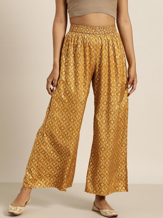 Mustard Foil Print Flared Liva Pants