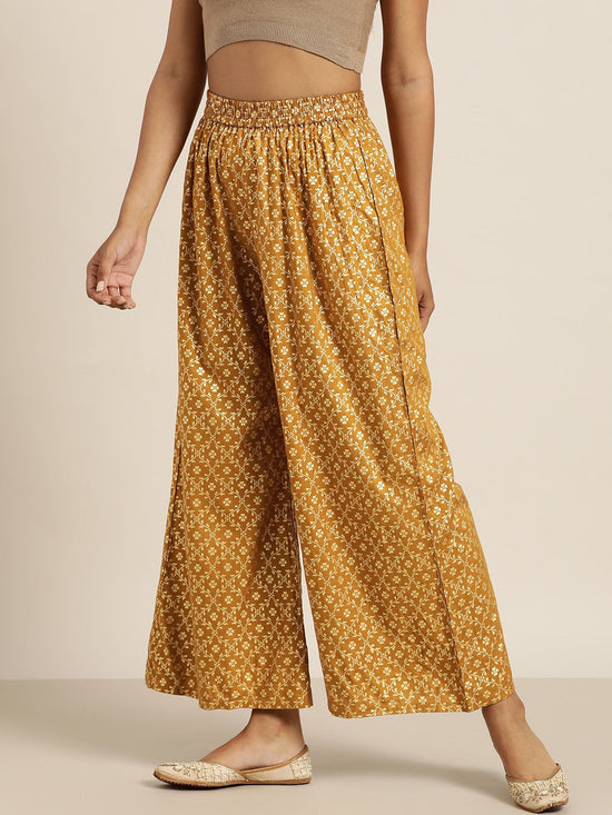 Mustard Foil Print Flared Liva Pants