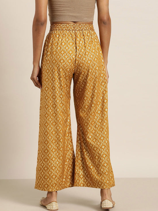 Mustard Foil Print Flared Liva Pants