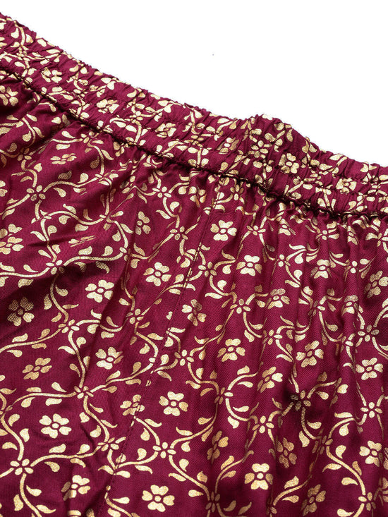 Burgundy Foil Print Flared Liva Pants