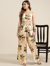 Beige Floral Polysilk Palazzo Pants