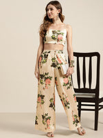 Beige Floral Polysilk Palazzo Pants