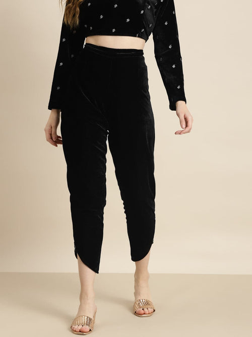 Black Velvet Embroidered Tulip Pants