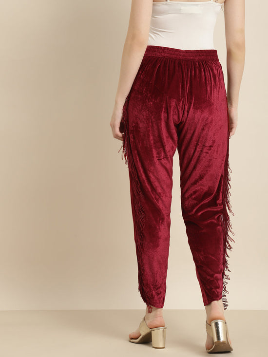 Maroon Velvet Fringe Lace Tulip Pants