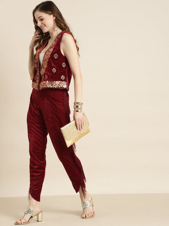 Maroon Velvet Fringe Lace Tulip Pants