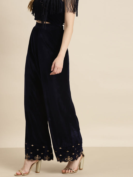 Navy Velvet Embroidered Flared Pants