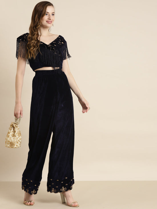 Navy Velvet Embroidered Flared Pants