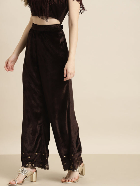 Brown Velvet Embroidered Flared Pants