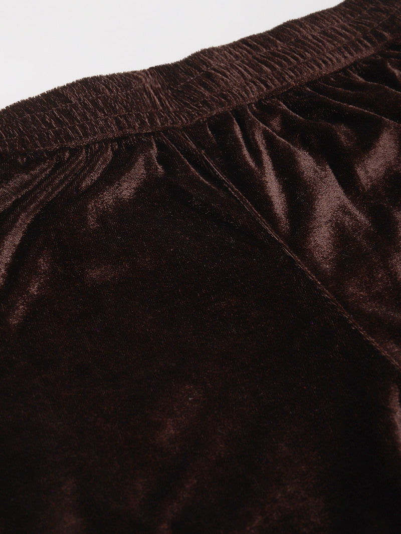 Brown Velvet Embroidered Flared Pants