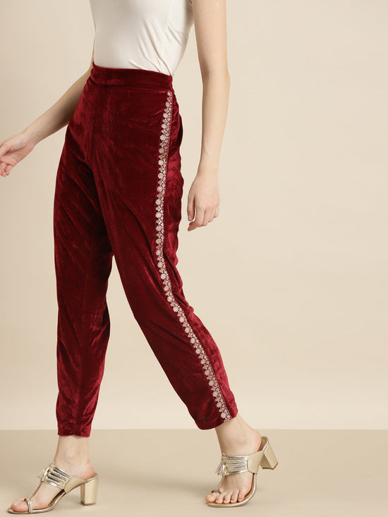 Maroon Velvet Side Embroidered Pencil Pants