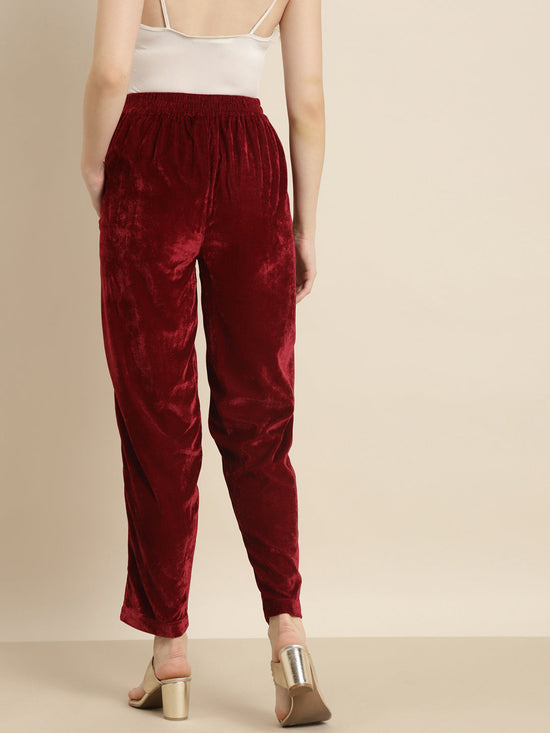 Maroon Velvet Side Embroidered Pencil Pants