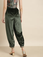 Olive Embroidered Cuff Hem Velvet Pants