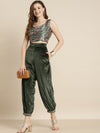 Olive Embroidered Cuff Hem Velvet Pants