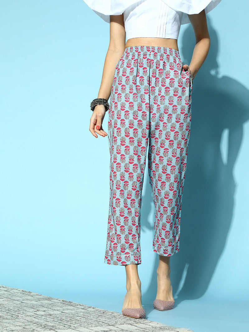 Women Sky Blue Booti Floral Tapered Pants