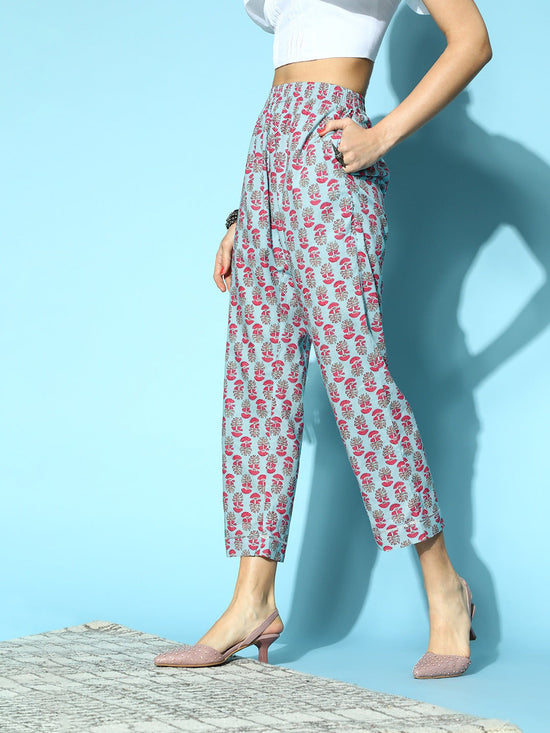 Women Sky Blue Booti Floral Tapered Pants