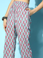 Women Sky Blue Booti Floral Tapered Pants