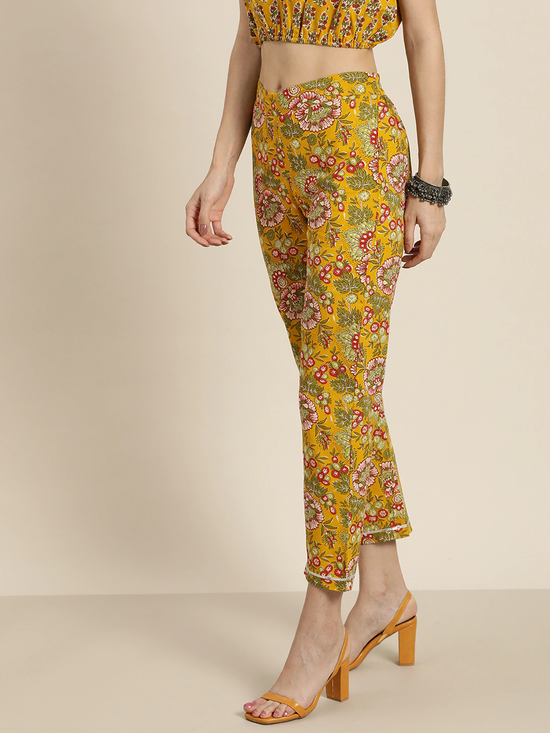 Women Mustard Big Floral Pencil Pants