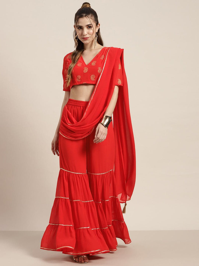 Women Red Tiered Palazzo With Attached Pallu