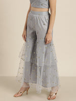 Women Steel Grey Tulle Frilly Sharara Pants