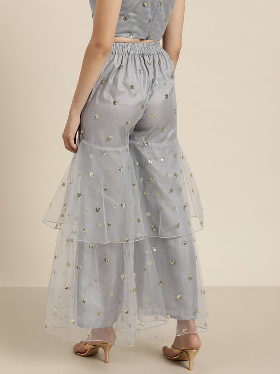 Women Steel Grey Tulle Frilly Sharara Pants