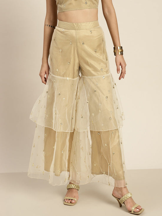 Women Golden Tulle Frilly Sharara Pants