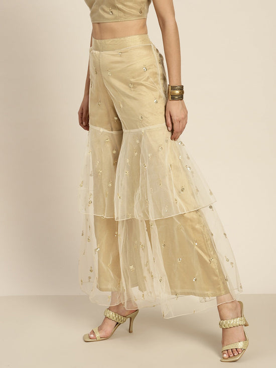 Women Golden Tulle Frilly Sharara Pants