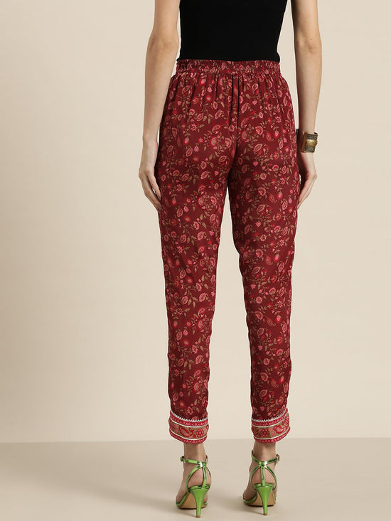 Women Maroon Floral Pencil Pants