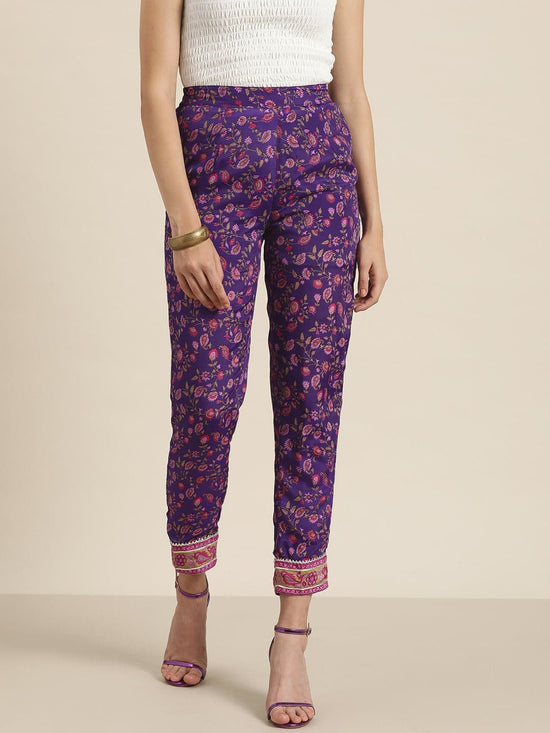 Women Purple Floral Pencil Pants