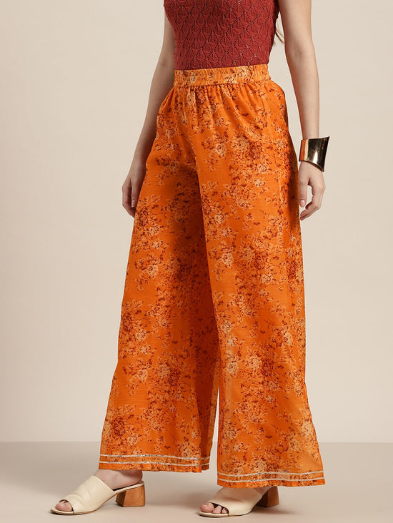 Women Mustard Floral A Line Pants