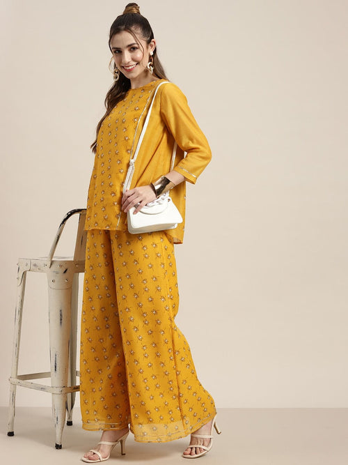 Women Yellow Lotus Flared Palazzo Pants