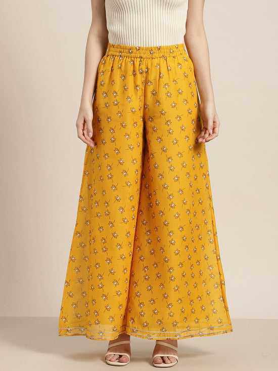 Women Yellow Lotus Flared Palazzo Pants