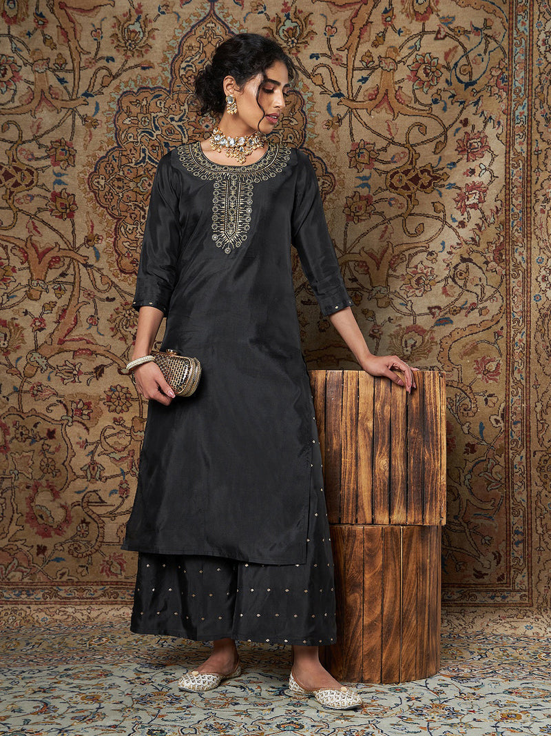 Black Embroidered Peplum Top With Palazzo Pants - Rohit Bal