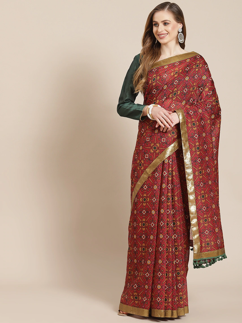 Women Maroon Patola Saree With Green Unstitched Blouse