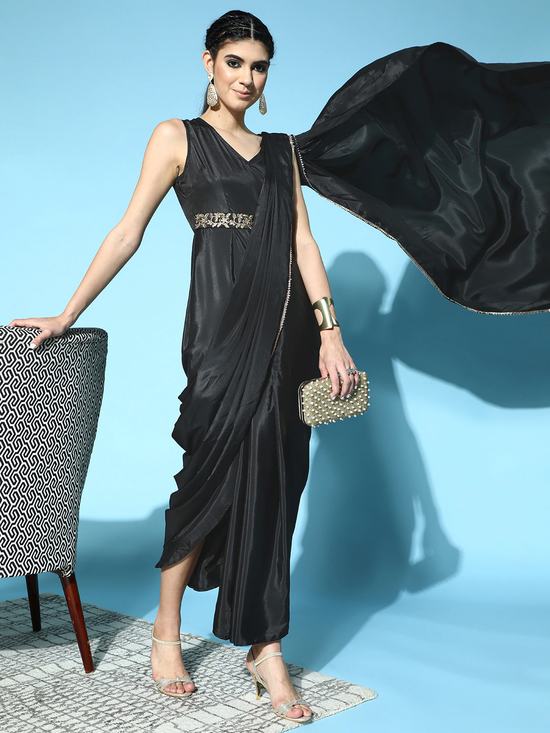 Women Black Sleeveless RTW Draped Saree With Belt